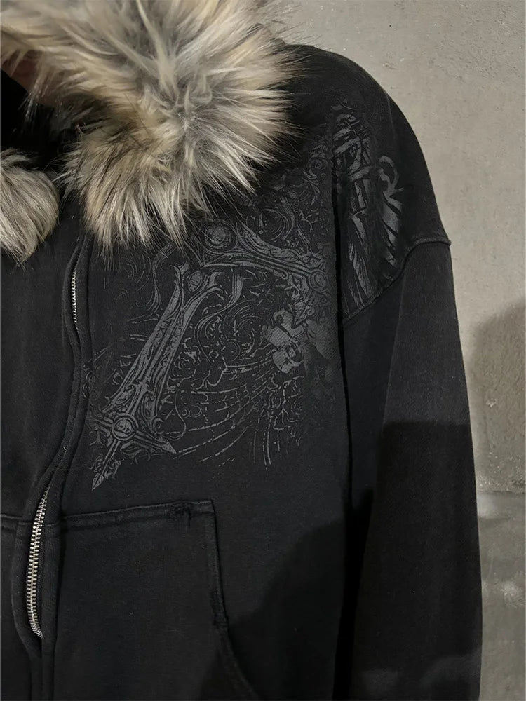 Autumn/Winter Y2k Women Aesthetic Harajuku Faux Fur Collar Hoodies Clothes Graphic Hip Hop Punk Gothic Zip Up Hoodies 2026 new