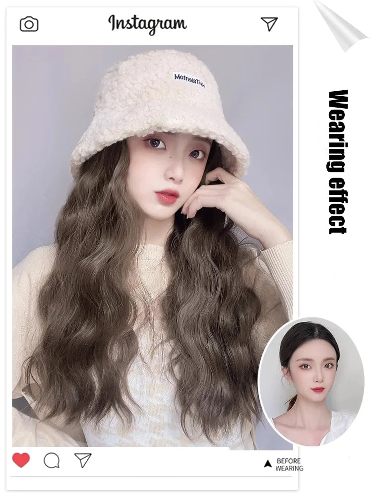 Synthetic 50cm winter cold resistant wig hat with long straight hair and long curly hair black/white hat with lambhair Christmas