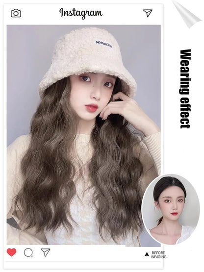 Synthetic 50cm winter cold resistant wig hat with long straight hair and long curly hair black/white hat with lambhair Christmas