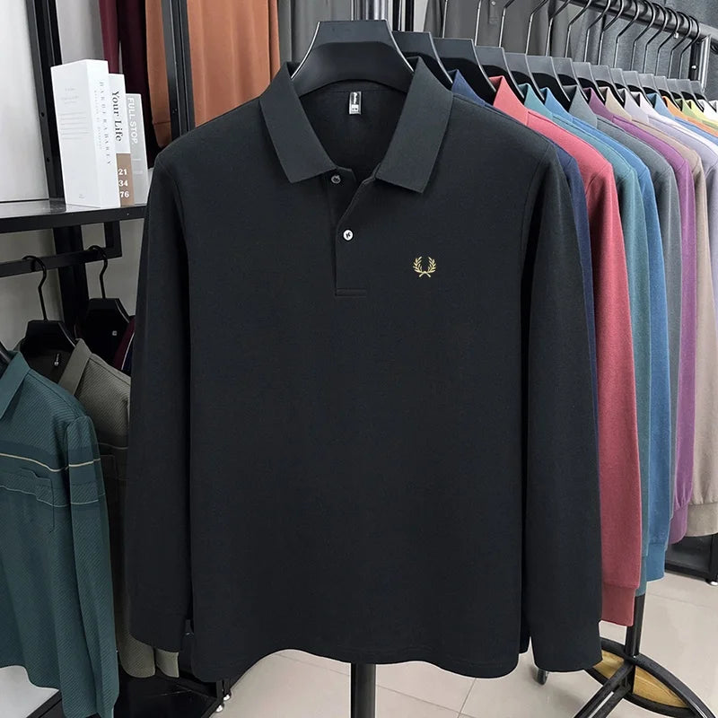 100% pure cotton high-end brand men's long sleeved polo shirt autumn fashion hot selling wheat embroidery golf business T-shirt