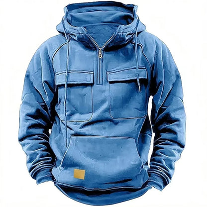 New autumn-winter men's hooded solid-color casual hoodie - fashionable young man's multi-pocket patch hoodie pullover shirt