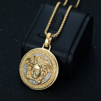 18k Gold Plated Hiphop Jewelry Stainless Steel Crystal Medusa Pendant Necklace for Men and Women