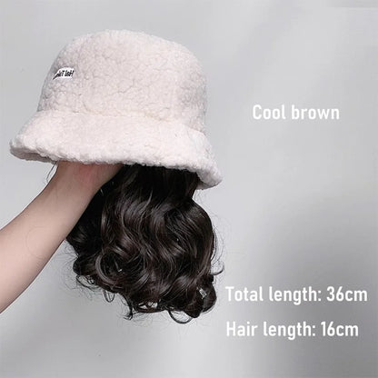 Synthetic 50cm winter cold resistant wig hat with long straight hair and long curly hair black/white hat with lambhair Christmas
