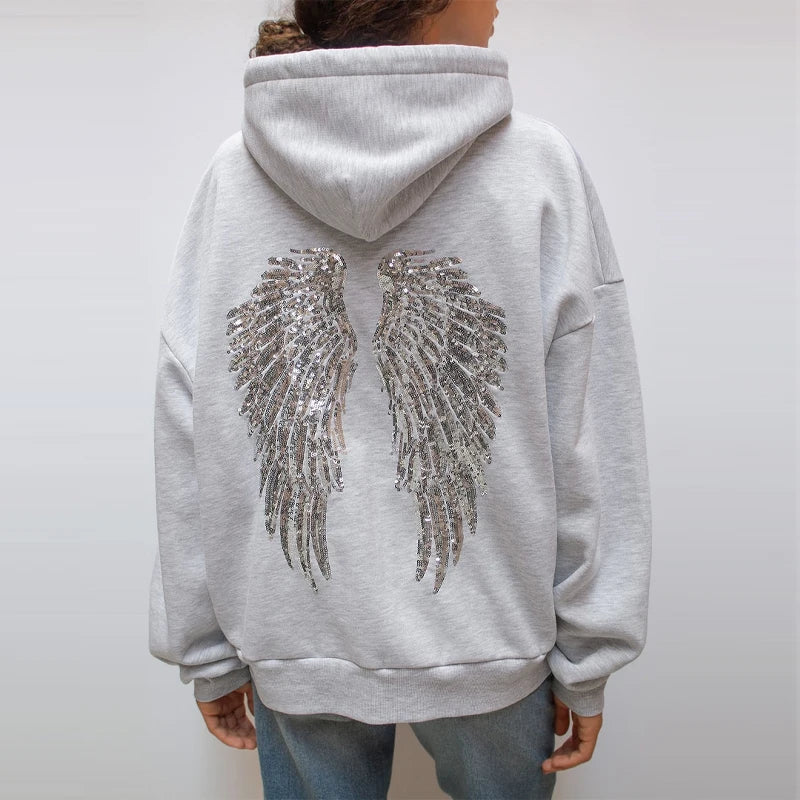 Women's Shinny Sequin Angel Wings Hooded Jacket Pant Long Sleeve Loose Casual Hooded Pullover 2025 New Lady Y2K Autumn Outwears