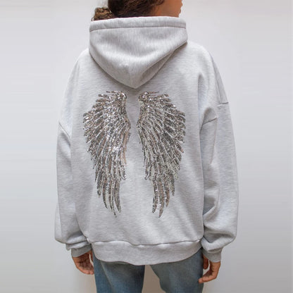 Women's Shinny Sequin Angel Wings Hooded Jacket Pant Long Sleeve Loose Casual Hooded Pullover 2025 New Lady Y2K Autumn Outwears