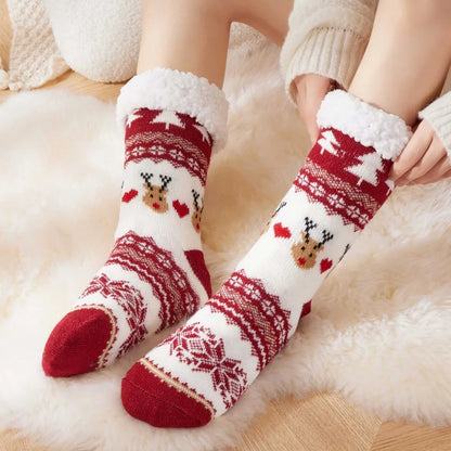 Christmas Fluffy Slipper Socks for Women Cartoon Reindeer Pattern Winter Warm Thick Fleece Lined Non Slip Cosy Long Socks Gift