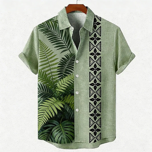 Men's new green linen short-sleeved shirt HD coconut tree pattern 3D printed shirt Hawaiian vacation outdoor social men's wear