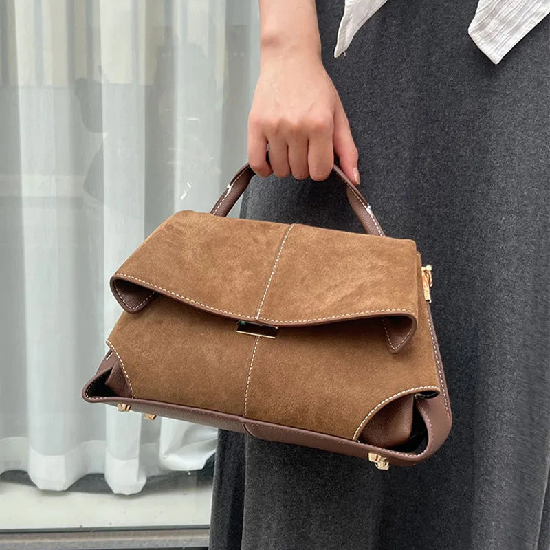 Women Frosted Handbag High-end Suede Flap French Shoulder Bag Luxury Trapezoidal House Shape Bag Messenger Bag Commuter Tote Bag