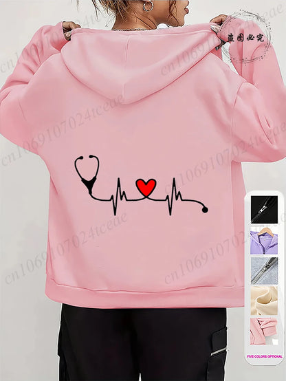 Women's Autumn Winter Hoodies Stethoscope EKG printed zipper Hooded Jackets Nursing Zipper Pocket Sweatshirt Nurse Life Outwear