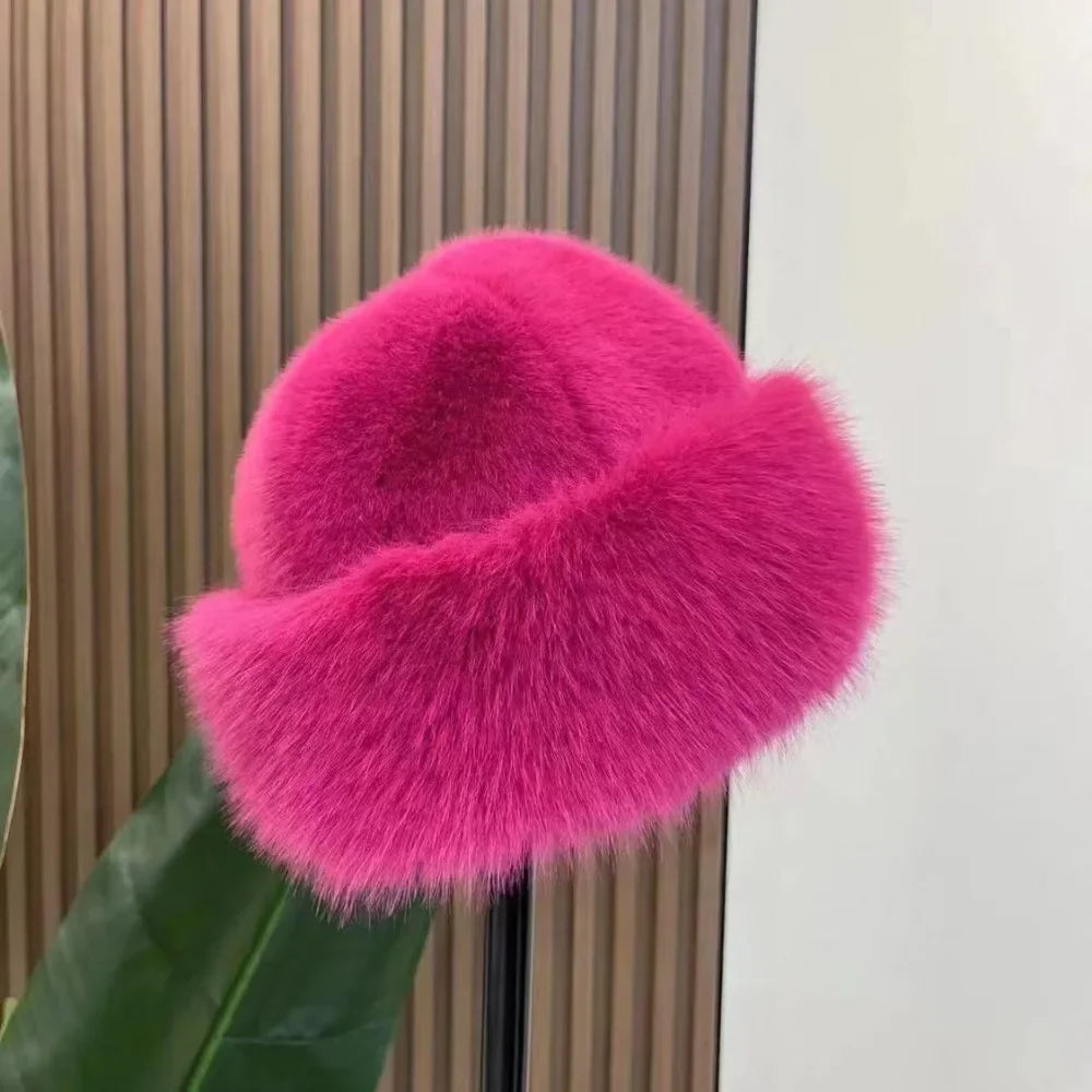 Women's Fluffy Fur Bucket Hat Plush Winter Fisherman Cap Warm Thick Hat for Snowy Days Christmas Gifts