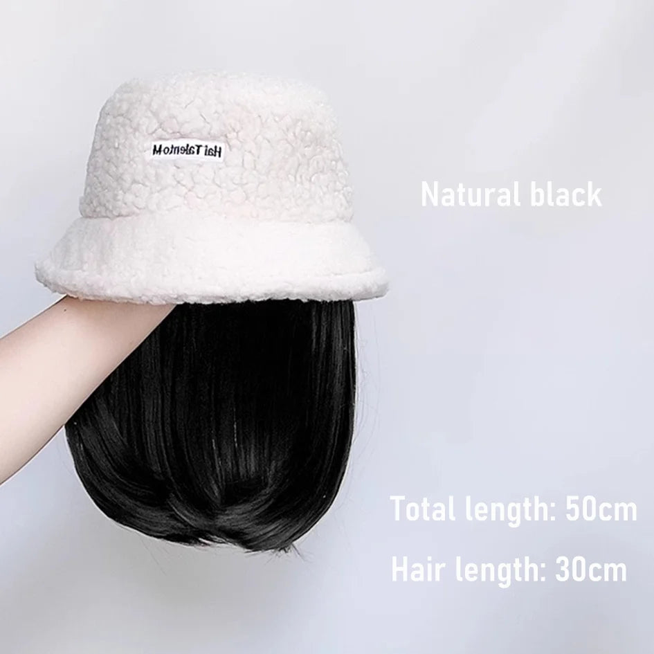 Synthetic 50cm winter cold resistant wig hat with long straight hair and long curly hair black/white hat with lambhair Christmas