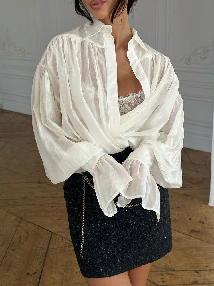 Tossy Casual Loose See-Through Shirts Women's Autumn Lapel Long Sleeve Patchwork Blouse Top Streetwear Female Solid Shirts Top