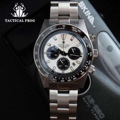 Tactical Frog 41mm Men's Chronograph Watch VS75 Solar Quartz Movement Waterproof Sapphire Green C3 Luminous Quartz Wristwatch