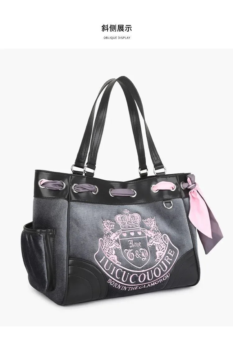 Ladies Large-Capacity Tote Bag Y2K Women Vintage Retro Chic Embroidery Velvet Handbags Girl Shopping Shoulder Bag Women's Purses