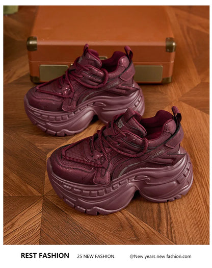 9cm Genuine Leather Chunky Sneakers for Women Fashion Sneakers Walking Shoes Platform Heel Sneakers Women Casual Shoes