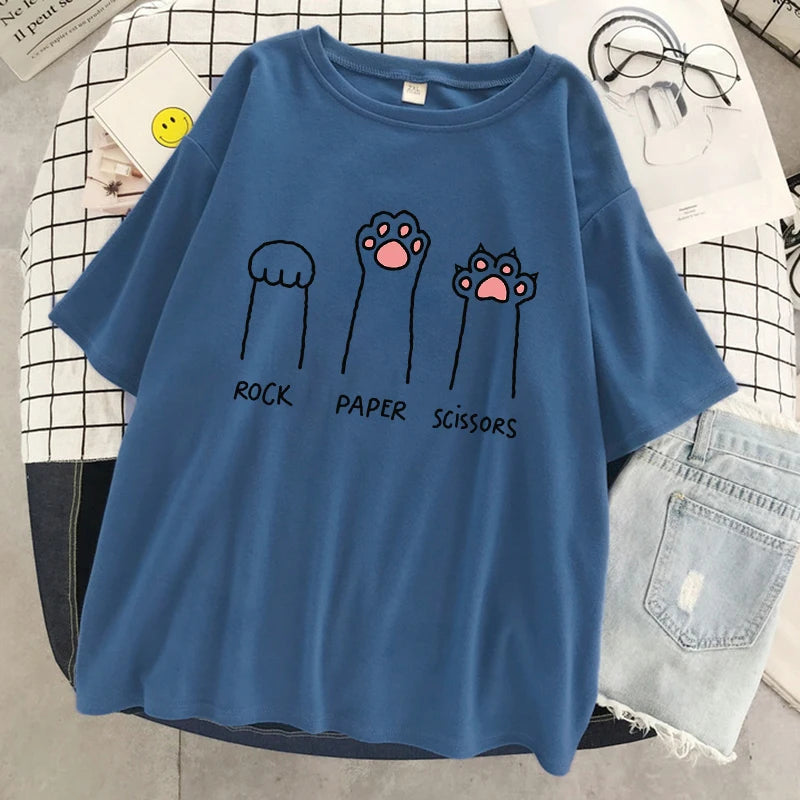 Rock Paper Scissors Funny Cat Print T Shirt Women Summer Soft Oversized Tops Fashion Casual Short Sleeve Street Cotton Tshirt