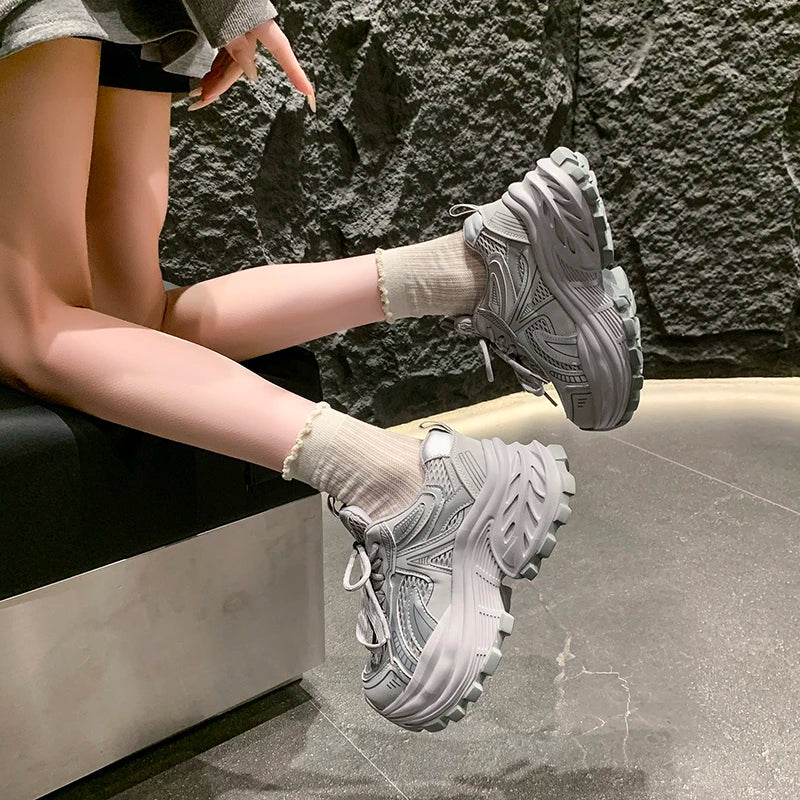 8.5CM Mesh Microfiber Leather Casual Shoes New 2026 Spring Women Chunky Sneakers High Platform Outdoor Sports Dad Shoes Woman