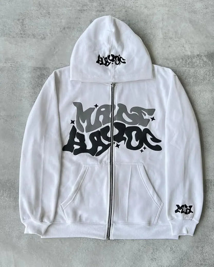 Zipper hooded sweatshirt with retro American letters suitable for men and women wearing Y2K jacket autumn/winter cardigan