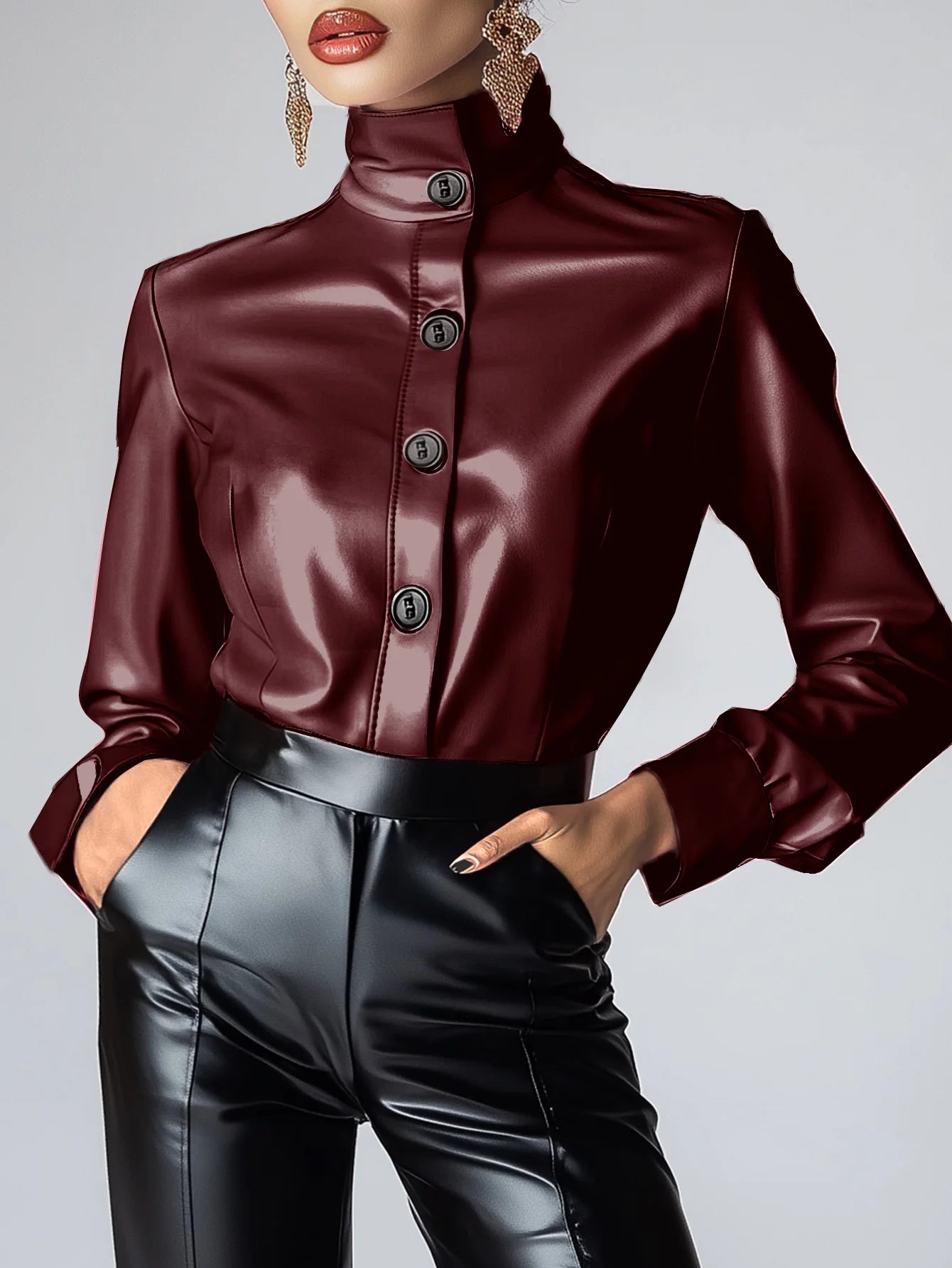 Women High Neck PU Leather Long Sleeve Blouse Single Breasted Solid Color Slim Leather T Shirt High Street Spring Streetwear