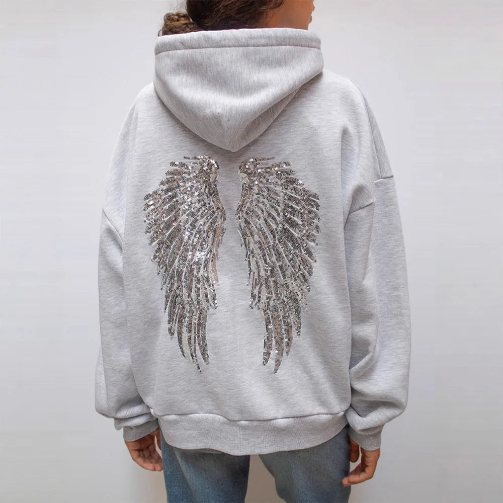 Fashion Wings Beads Sweathirts Women Oversized Hoodies Fleece Lining Sequined Casual Pullover Top Y2K Clothes Lady Outfits 2026
