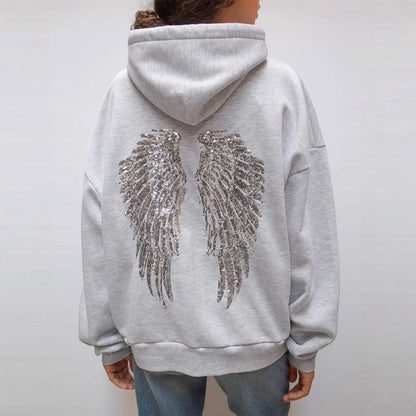 Fashion Wings Beads Sweathirts Women Oversized Hoodies Fleece Lining Sequined Casual Pullover Top Y2K Clothes Lady Outfits 2026