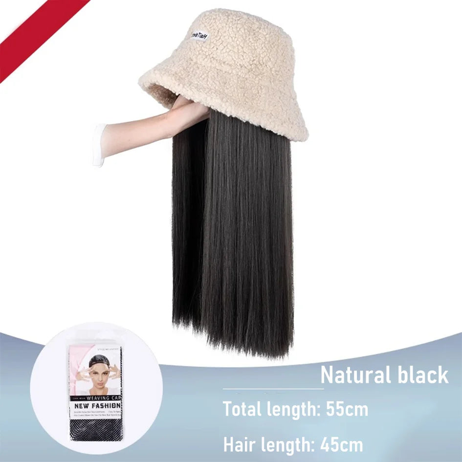 Synthetic 50cm winter cold resistant wig hat with long straight hair and long curly hair black/white hat with lambhair Christmas