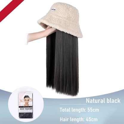 Synthetic 50cm winter cold resistant wig hat with long straight hair and long curly hair black/white hat with lambhair Christmas