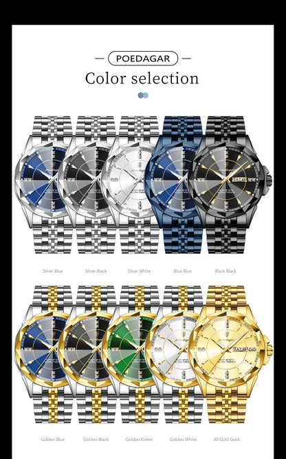 POEDAGAR Luxury Fashion Man Clock Top Business Waterproof Luminous Date Week Men's Watches Quartz Stainless Steel Men Wristwatch