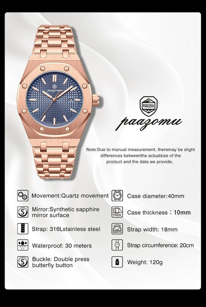 PAAZOMU Original Luxury Men's Watches Date Chronograph Stainless Steel Quartz Watch Waterproof Luminous Fashion Man Wristwatch