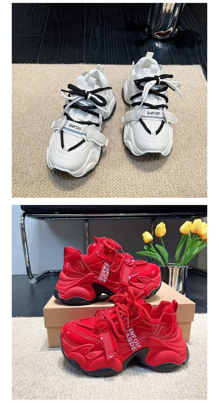 Women Chunky Sneakers Spring New Fashion Lace Up Red Platform Shoes Outdoor Trendy Versatile Casual Sports Shoes Zapatos Mujer