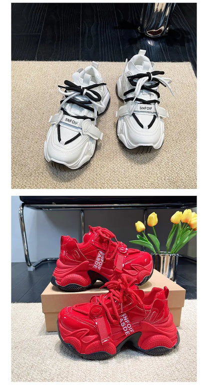 Women Chunky Sneakers Spring New Fashion Lace Up Red Platform Shoes Outdoor Trendy Versatile Casual Sports Shoes Zapatos Mujer