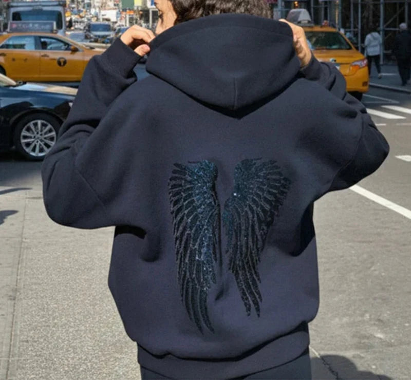 Fashion Wings Beads Sweathirts Women Oversized Hoodies Fleece Lining Sequined Casual Pullover Top Y2K Clothes Lady Outfits 2026
