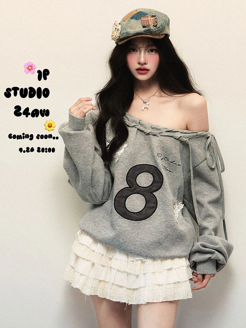 Jmprs Y2K Streetwear Gray Sweatshirts Women Off Shoulder Loose Letter Pullovers Harajuku Retro Female Casual American Tops New