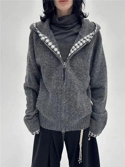 Subculture Gothic Women Coats with Hoodies Vintage Korean Harajuku Black Jackets Faux Fur Coat Female Loose Casual Sweatshirt