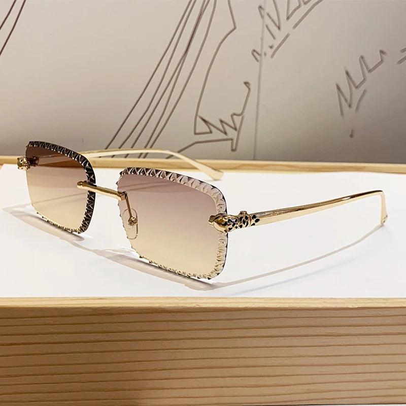 New design frameless leopard head sunglasses for driving, sun protection, fashionable metal glasses