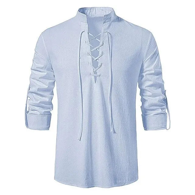 King Billion Men's Shirts Casual Men Cotton Linen Long Sleeve T-shirt Spring Autumn Vintage Shirt US Size Drawstring Neck