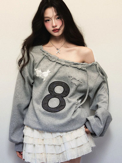 Jmprs Y2K Streetwear Gray Sweatshirts Women Off Shoulder Loose Letter Pullovers Harajuku Retro Female Casual American Tops New