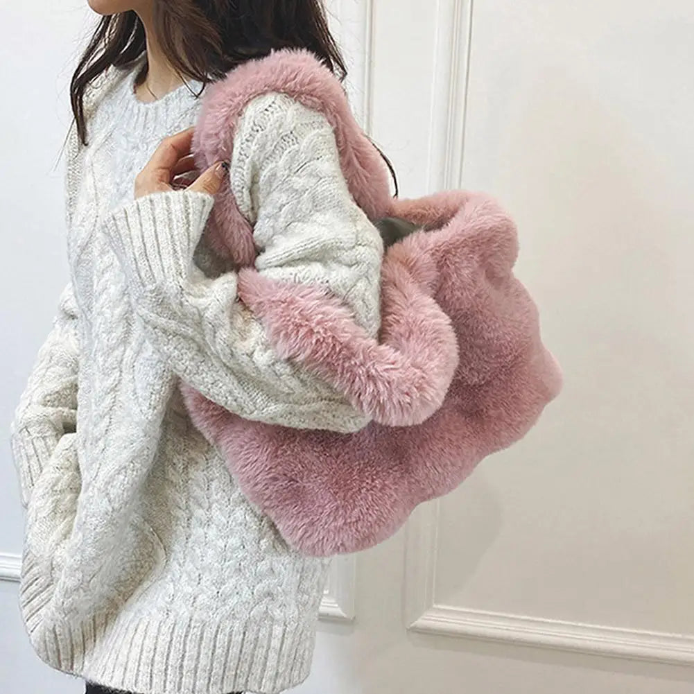 Women Plush Shoulder Bag Fluffy Handbag Large Capacity Casual Commuting Bag Furry Carrying Bag Soft Shopper Bag