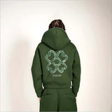 Olive Green Embroidered Zip Hoodie & Pants Set Men Streetwear Trendy Loose Casual 2-Piece Tracksuit New 2025 Fashion