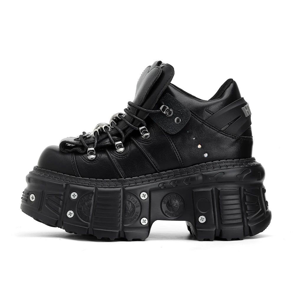 2025 New Punk Style Women Shoes Lace-up Heel Height 6CM Platform Shoes Woman Gothic Ankle Rock Boots Metal Decor Woman Sneakers