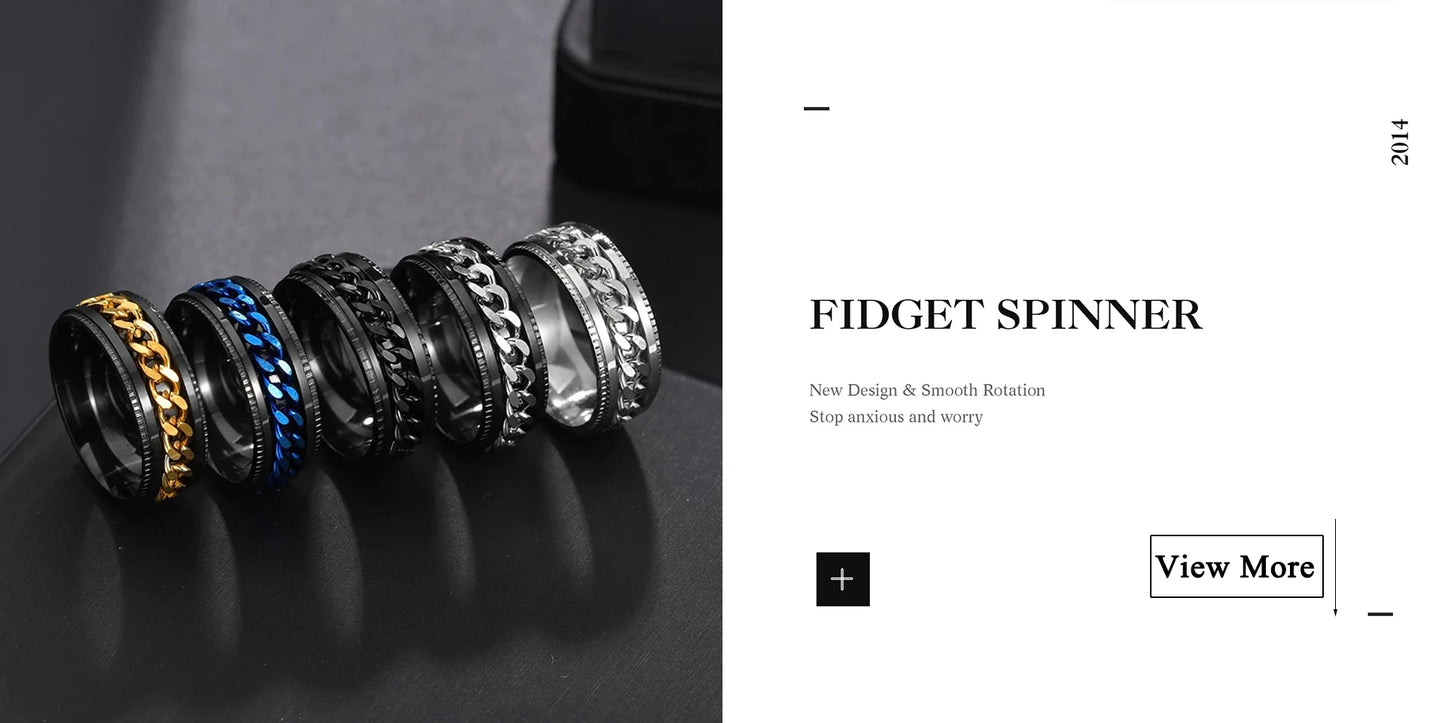 Fashion Punk Style Gear Rotating Anxiety Fidget Ring Titanium Steel Chain Spinner Rings For Men Rock Biker Wedding Party Jewelry