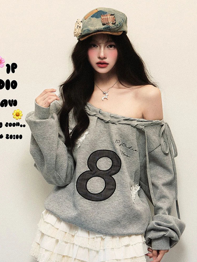 Jmprs Y2K Streetwear Gray Sweatshirts Women Off Shoulder Loose Letter Pullovers Harajuku Retro Female Casual American Tops New
