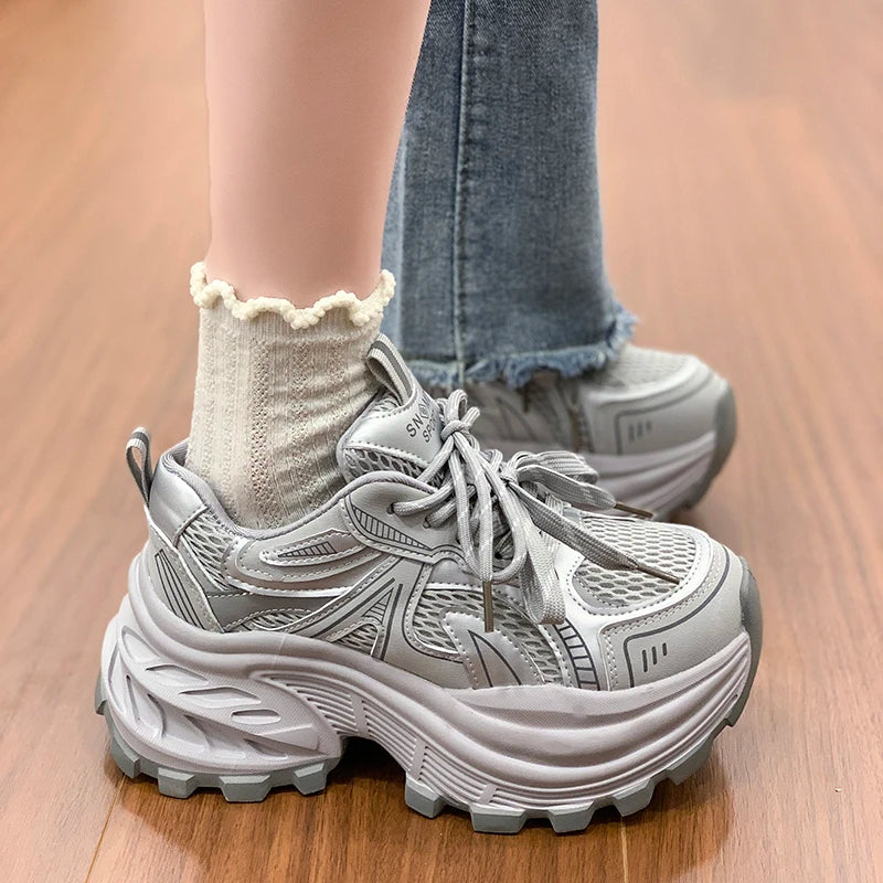 8.5CM Mesh Microfiber Leather Casual Shoes New 2026 Spring Women Chunky Sneakers High Platform Outdoor Sports Dad Shoes Woman