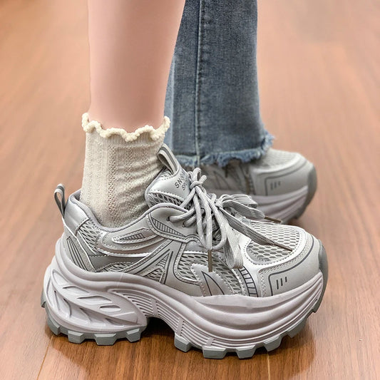 8.5CM Mesh Microfiber Leather Casual Shoes New 2026 Spring Women Chunky Sneakers High Platform Outdoor Sports Dad Shoes Woman