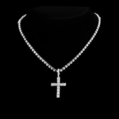 Hip Hop 2pcs Cross Tennis Chain 14MM Prong Cuban Necklace For Men Women Iced Out 2 Row Cuban Link Chain Necklaces Couple Jewelry