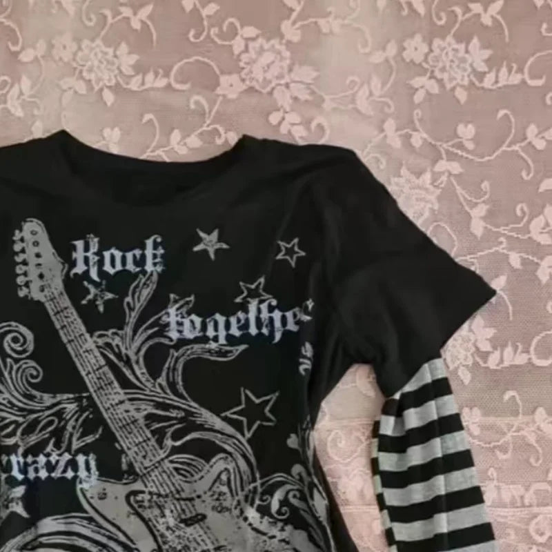 American Subculture Punk Print T-shirt Harajuku Striped Patchwork Tshirts Retro Y2K Gothic Tee Hip-hop Hottie Fake Two-piece Top