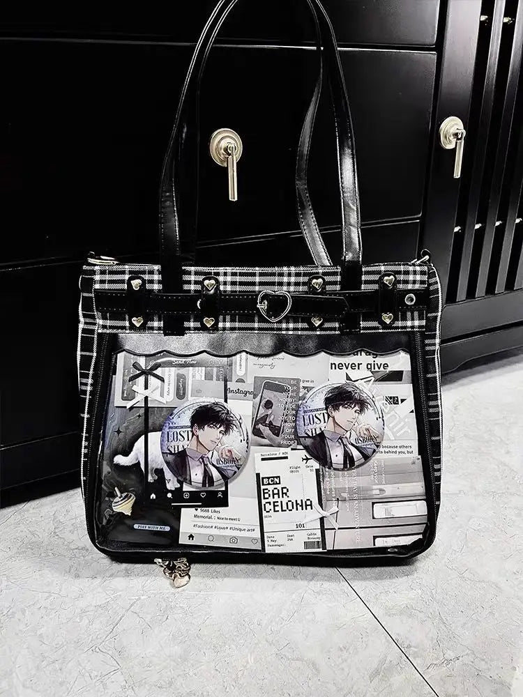 Women Fashion Checkered Pattern Retro Ita Bag Cute Girl Transparent Large Capacity Tote Bag DIY Display Handbag New Shoulder Bag