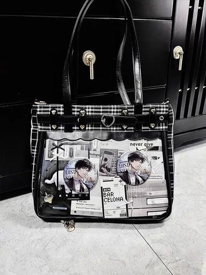 Women Fashion Checkered Pattern Retro Ita Bag Cute Girl Transparent Large Capacity Tote Bag DIY Display Handbag New Shoulder Bag