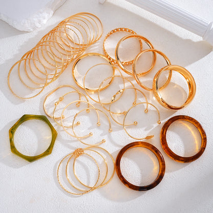 Fashion Minimalist Elegant Metal Textured Resin Cuff Bangle Bracelet Set Boho Adjustable Layered Wristband Daily Party Jewelry