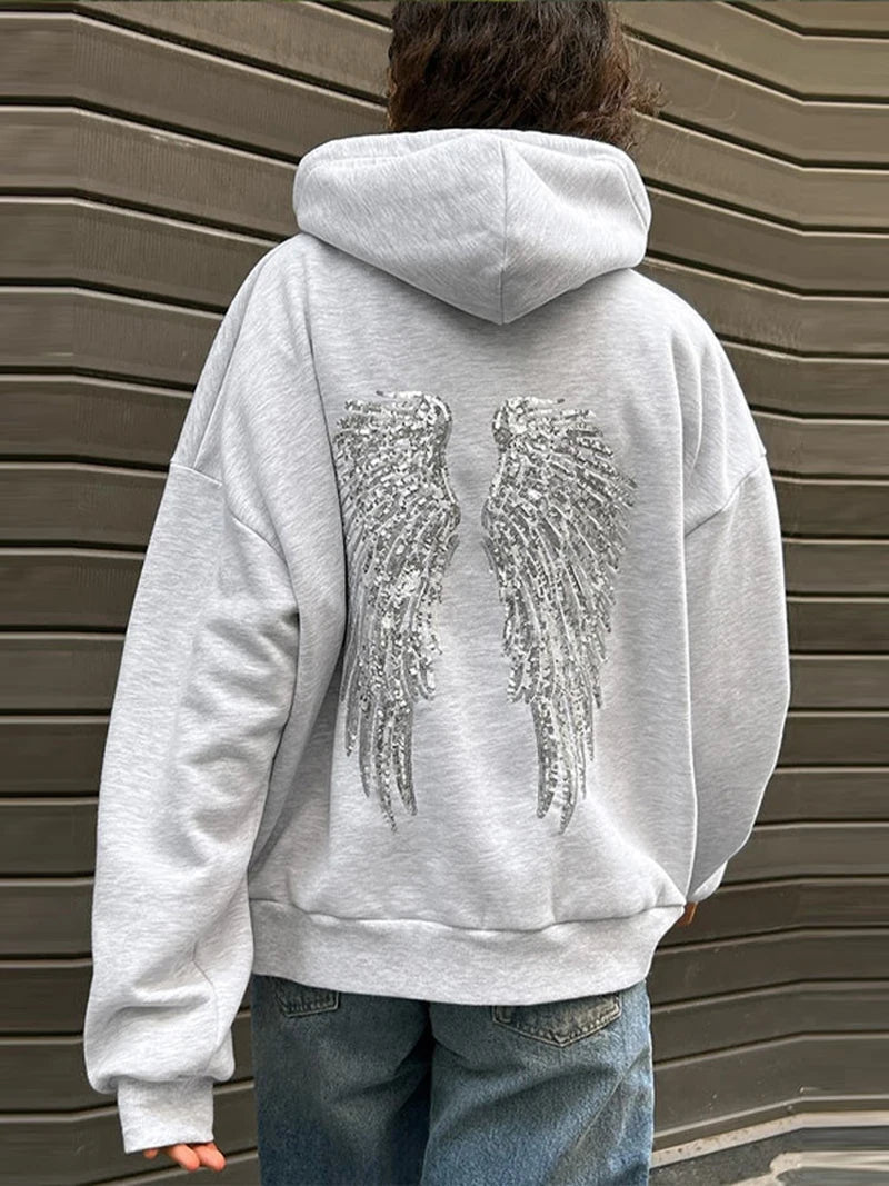 Fashion Wings Beads Sweathirts Women Oversized Hoodies Fleece Lining Sequined Casual Pullover Top Y2K Clothes Lady Outfits 2026